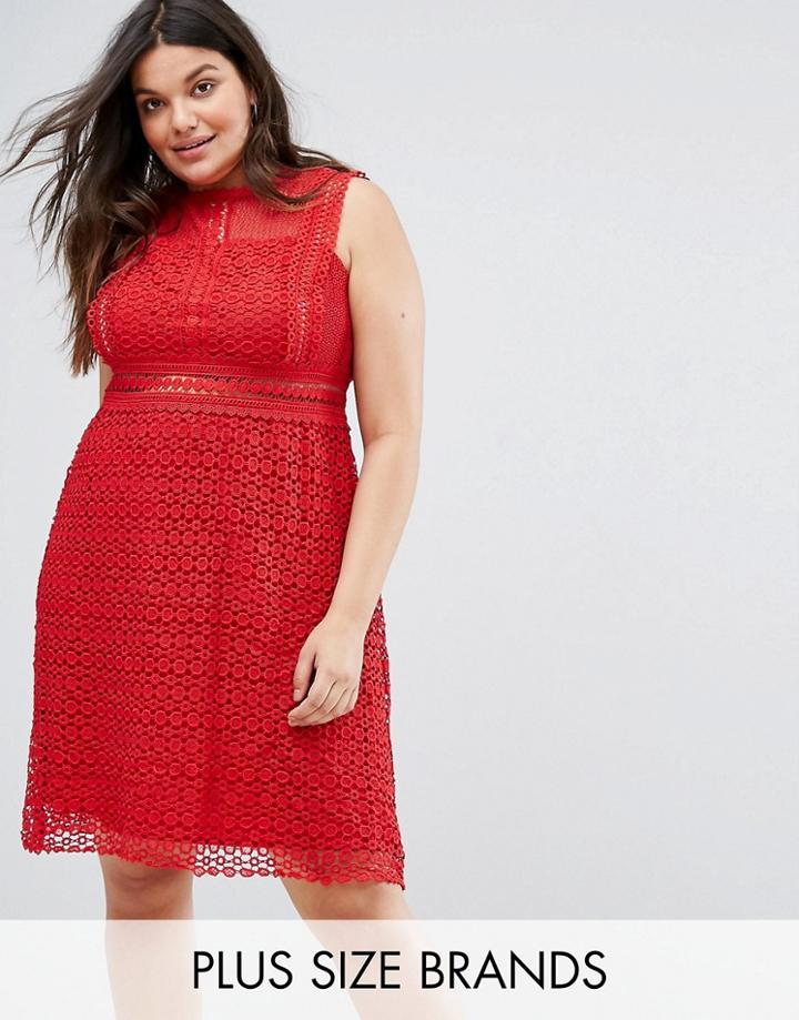 New Look Plus High Neck Cutwork Lace Dress - Red