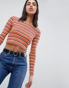 Asos Design Crop Top In Bright Stripe With Long Sleeve - Multi