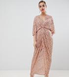 Asos Design Petite Scatter Sequin Knot Front Kimono Maxi Dress-pink