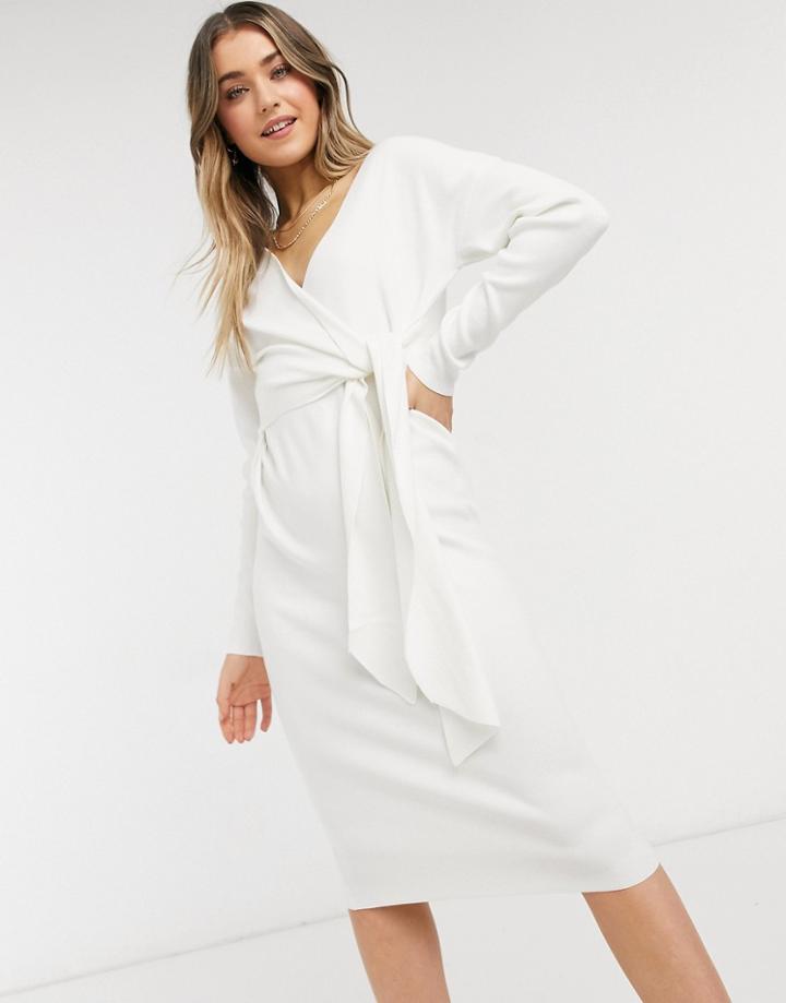 Style Cheat Loren Wrap Knit Midi Dress With Tie In Cream-white