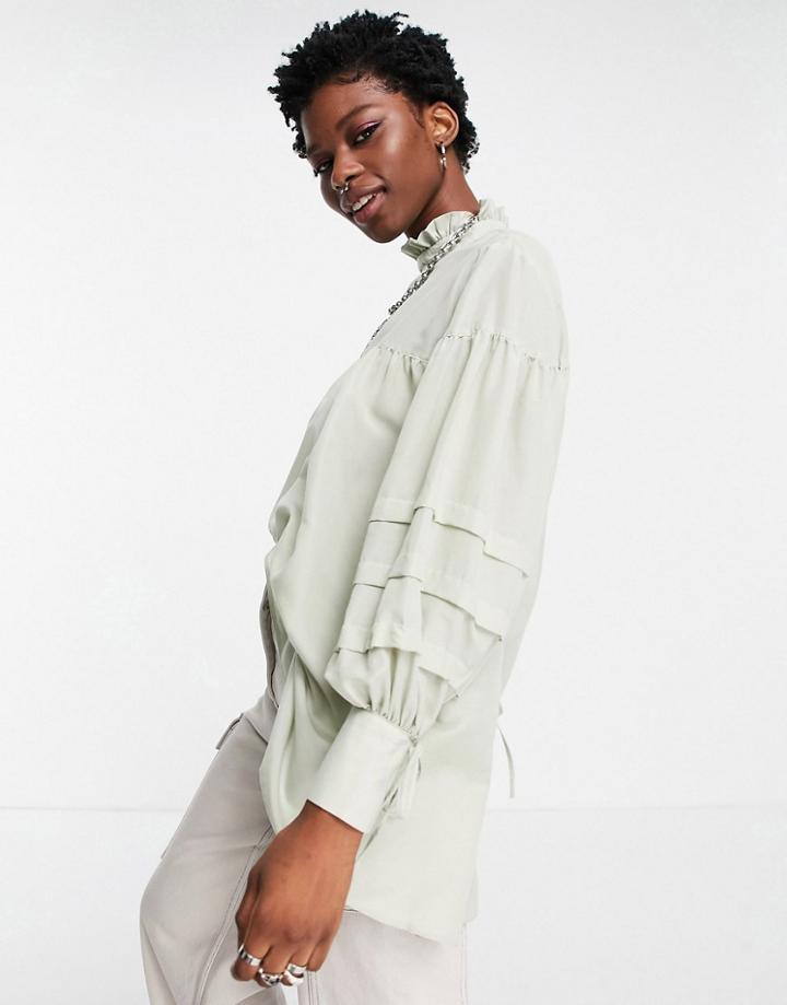 Topshop Pleat Sleeve Smock Top In Sage-green