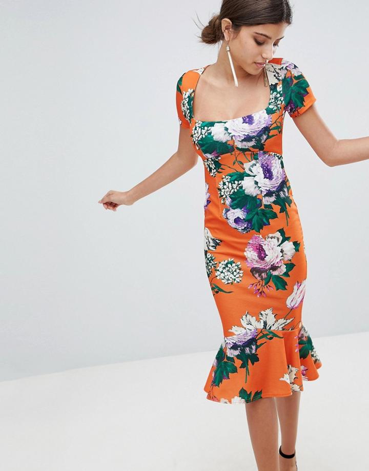 Asos Square Neck Floral Pephem Bodycon Midi Dress - Multi
