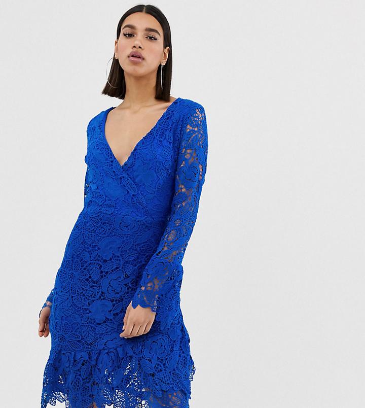 Missguided Lace Midi Dress With Frill Hem In Cobalt Blue - Blue