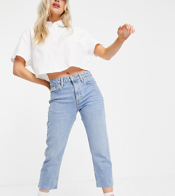 Topshop Petite Bleach Raw Hem Straight Jeans-blues