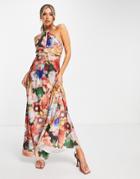 Asos Design Halter Cross Waist Pleated Maxi Dress In Bright Floral Print-multi