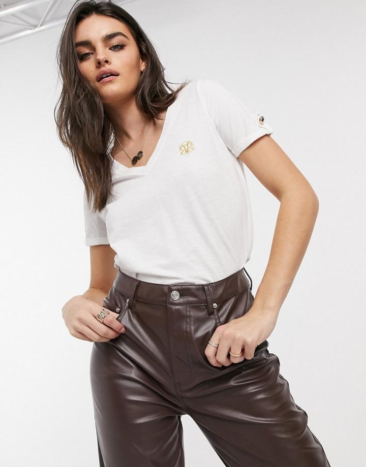 River Island Button Shoulder V-neck T-shirt In White