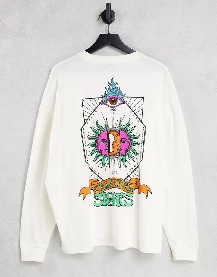 Asos Design Oversized Long Sleeve T-shirt In Off White With Sun Back Print-neutral