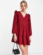 Trendyol Frill Shoulder Long Sleeve Mini Dress In Red