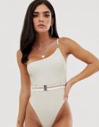 River Island One Shoulder Swimsuit With Belt In Cream