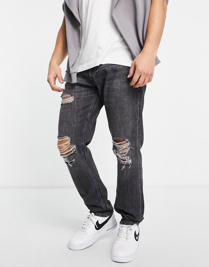 Jack & Jones Chris Loose Fit Jean With Knee Rips In Black