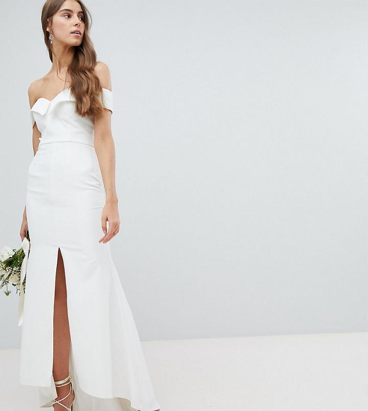 Jarlo Tall Bardot Maxi Dress With Thigh Split And Train Detail - White