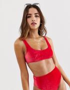 Asos Design Mix And Match Velvet Crop Bikini Top - Red