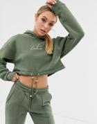 The Couture Club Cropped Motif Drawstring Hoody In Khaki - Green