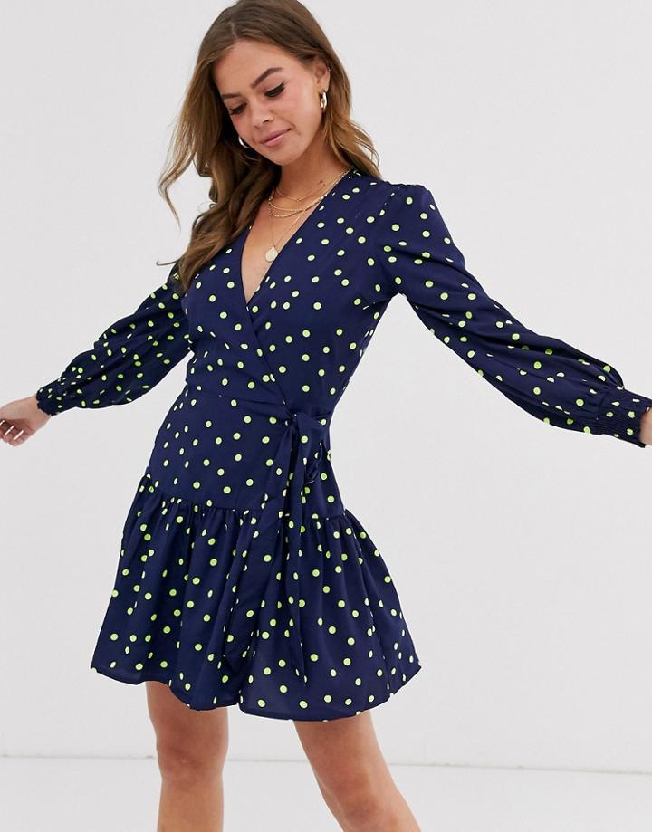 Influence Wrap Front Mini Dress In Green Spot-navy