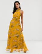 Asos Design Maxi Dress With High Neck And Drape Waist Detail In Mustard Floral - Multi