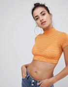 Prettylittlething High Neck Striped Crop Top - Orange