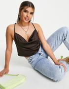Parisian Satin Cami Strap Top With Cowl Neck In Chocolate-brown