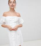 Asos Design Petite Lace Up Broderie Off Shoulder Mini Sundress - White