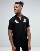 Asos Regular Fit Viscose Shirt With Revere Collar And Embroidered Rose - Black