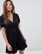 Asos Design Tiered Cotton Smock Mini Dress-black