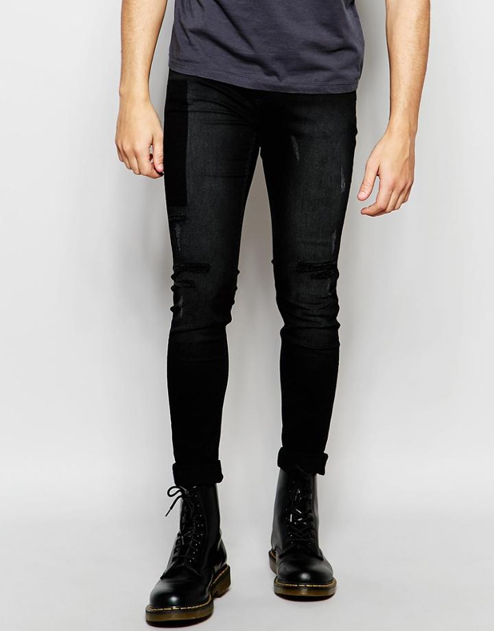 Cheap Monday Jeans Him Spray Stretch Super Skinny Fit Lost Black Ripped And Panel Wash - Lost Black