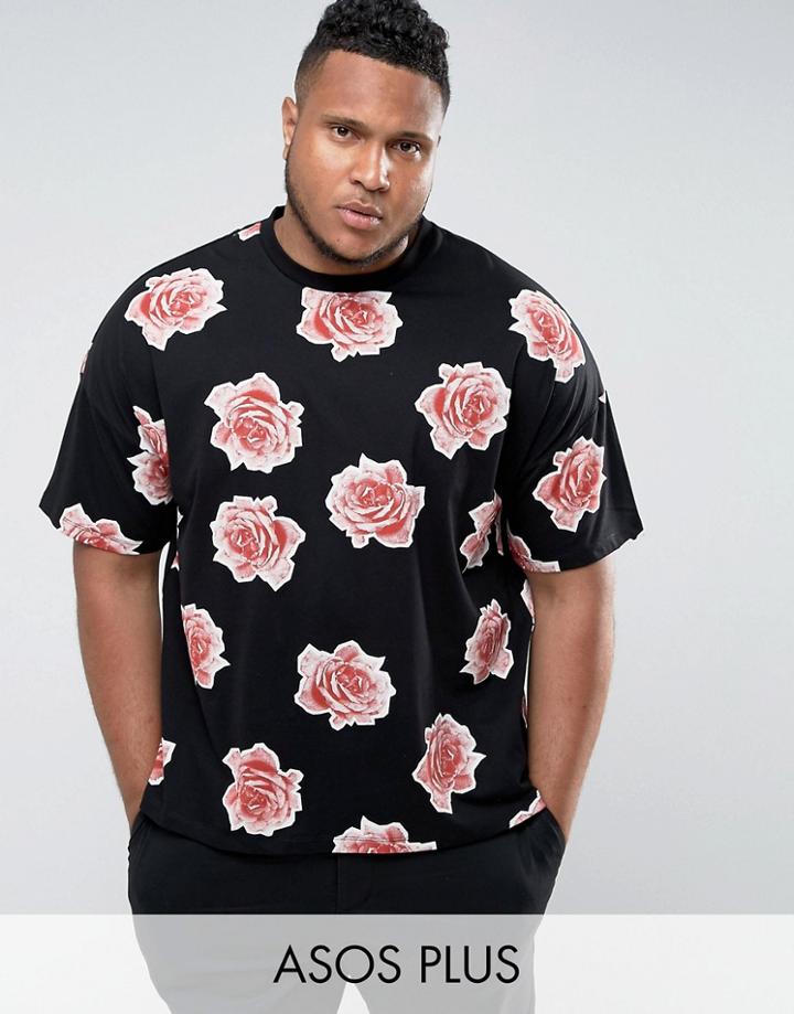 Asos Plus Oversized T-shirt With All Over Floral Print - Black