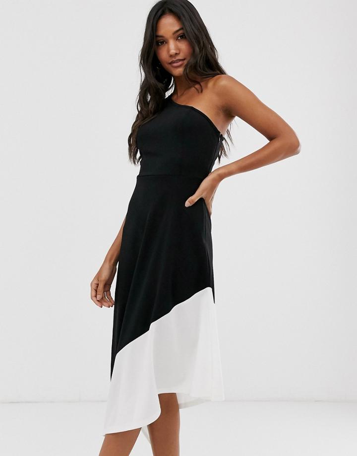 Ax Paris One Shoulder Color Block Assymetric Hem Dress-black