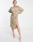In The Style X Lorna Luxe Split Front Belt Detail Midi Dress In Stone-neutral