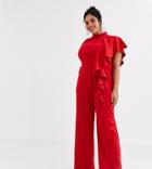 Chi Chi London Plus High Neck Scuba Jumpsuit With Frill Detail In Red