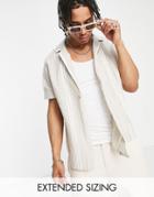 Asos Design Relaxed Revere One Button Shirt In Beige Linen Stripe-neutral