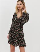 Asos Design Button Through Trapeze Mini Dress With Long Sleeves In Ditsy Floral-multi