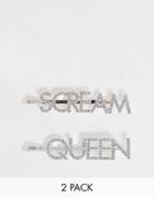 Asos Design Halloween Pack Of 2 Hair Clips With Scream Queen With Crystals In Silver Tone