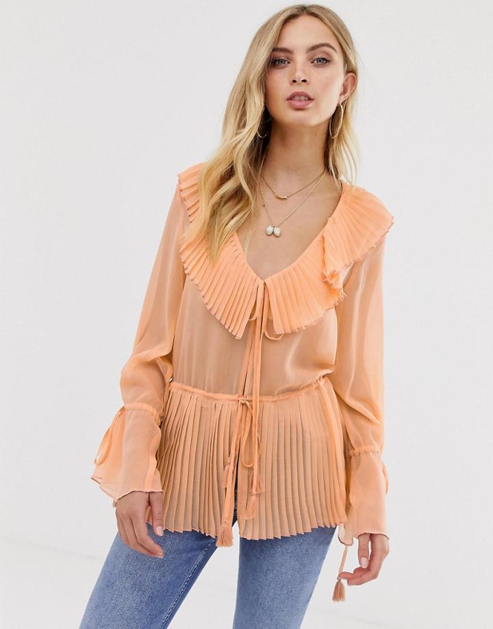 Asos Design Long Sleeve Pleated Detail Top With Open Tie Front-black