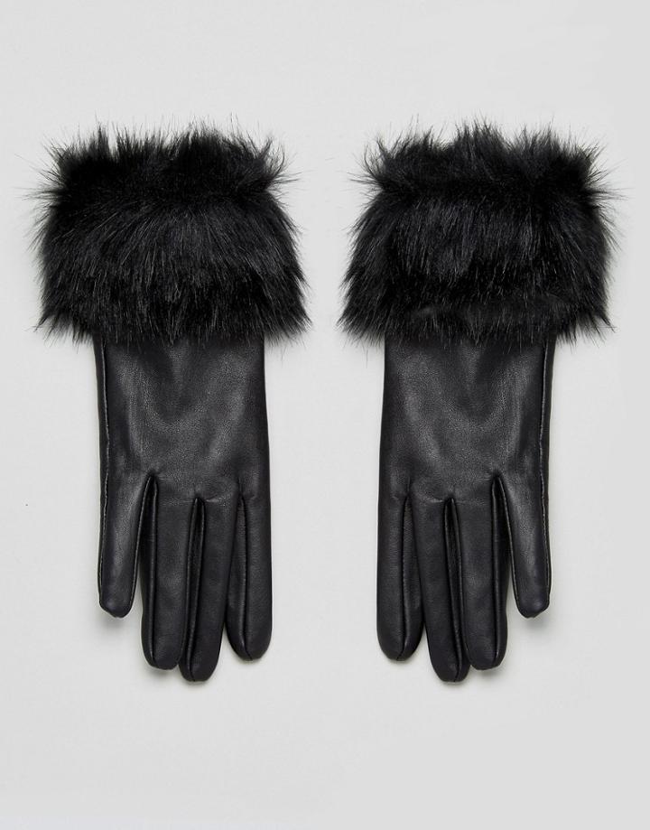 Urbancode Faux Fur Trim Real Leather Gloves - Black