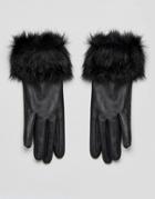 Urbancode Faux Fur Trim Real Leather Gloves - Black