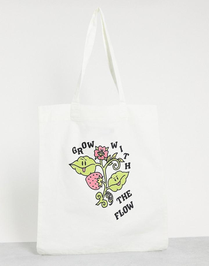 Asos Design Tote Bag With Grow With The Flow Print-white