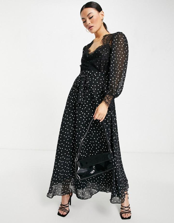 Asos Design Soft Midi Skater Dress In Polka Dot With Eyelash Lace Details-multi