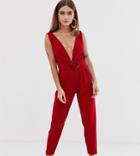 Asos Design Petite Deep Plunge Jumpsuit With Buckle Belt And Peg Leg - Red