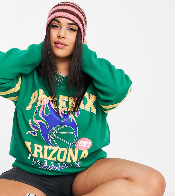 Asos Design Curve Oversized Sweatshirt With Varsity Arizona Print In Green