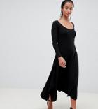 Asos Design Petite Scoop Neck Rib Midi Dress With Asymmetric Skirt - Black
