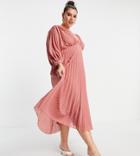 Asos Design Curve Pleated Batwing Midi Dress In Textured Chevron In Tea Rose-pink