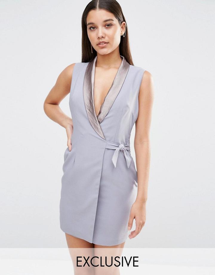Naanaa Plunge Mini Tuxedo Dress - Blue Gray
