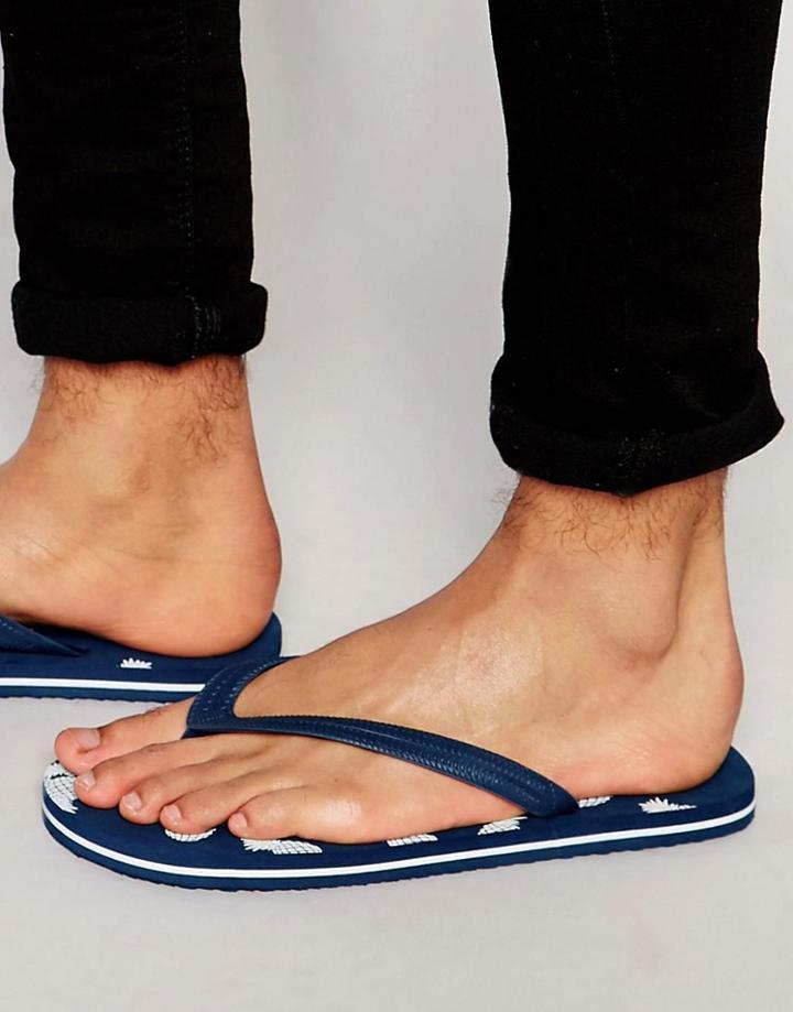 Asos Flip Flops In Navy With Pineapple Print - Navy