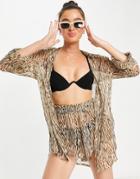 Brave Soul Shirt And Shorts Beach Set In Tan And Brown Zebra Print