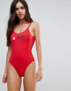 Tommy Hilfiger High Cut Logo Swimsuit - Red