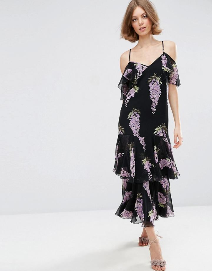 Asos Premium Frill Maxi Dress In Wisteria Floral - Multi