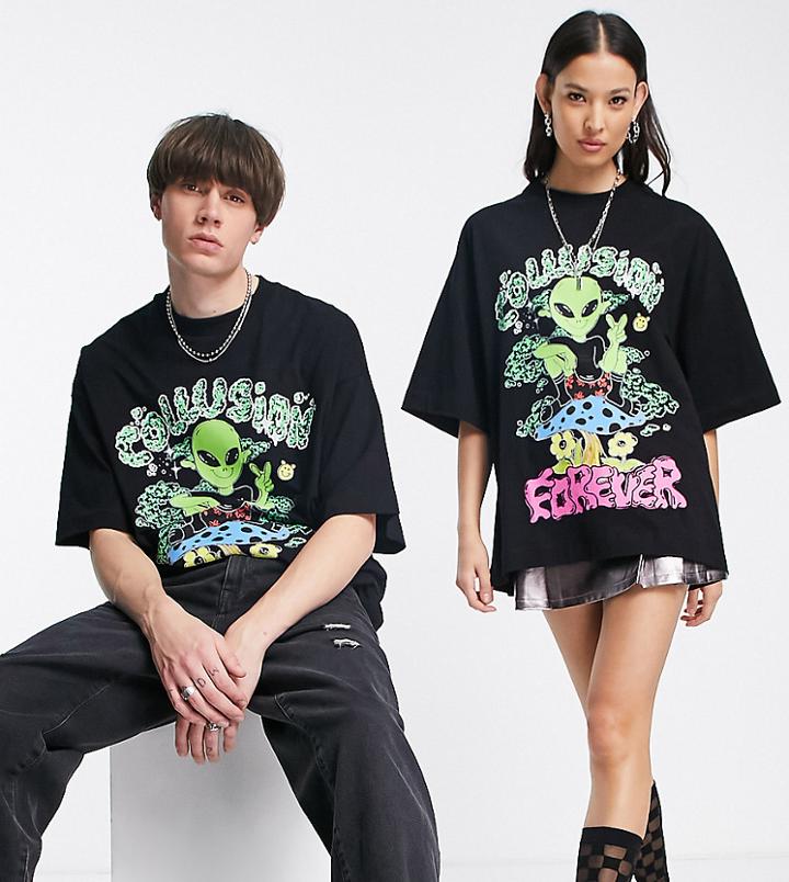 Collusion Unisex Oversized T-shirt With Alien Print In Black