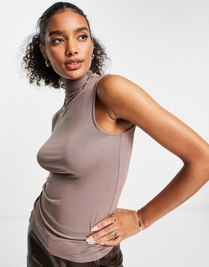 River Island Sleeveless Draped High Neck Top In Brown