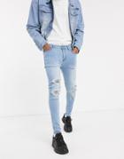 Liquor N Poker Skinny Jeans With Check Rips In Blue Wash