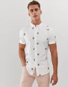River Island Short Sleeved Shirt With Embroidered Badge In Ecru